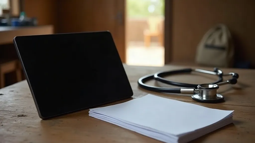 Field data-collection tools used in verbal autopsy work, including a tablet and paper questionnaires