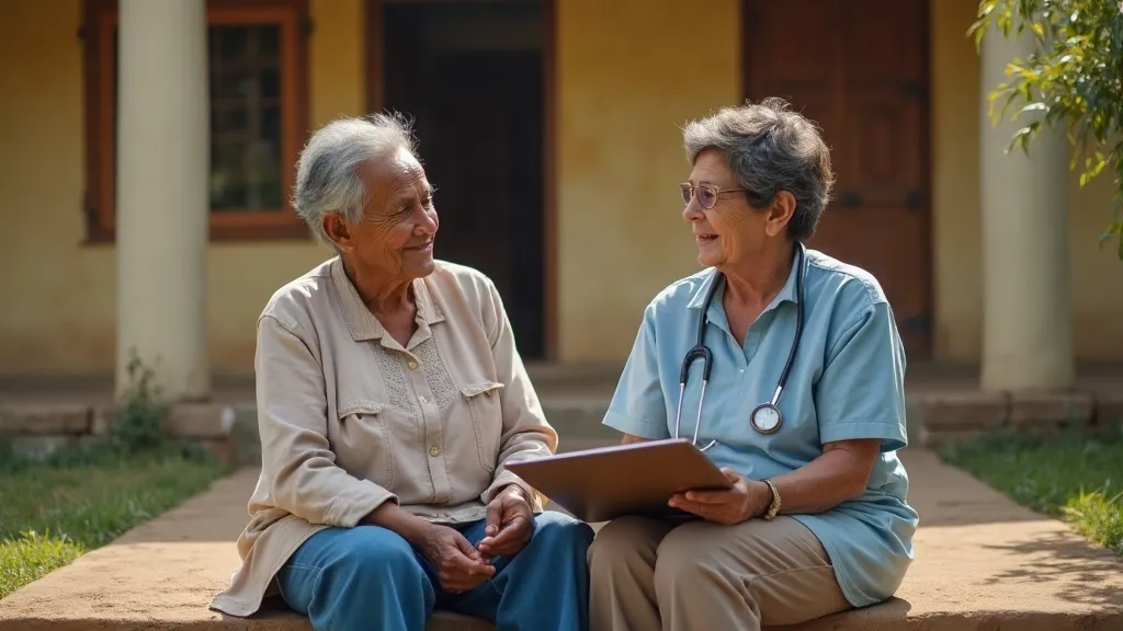 Community health worker with a clipboard conducting a verbal autopsy interview with an elderly person outside a rural home