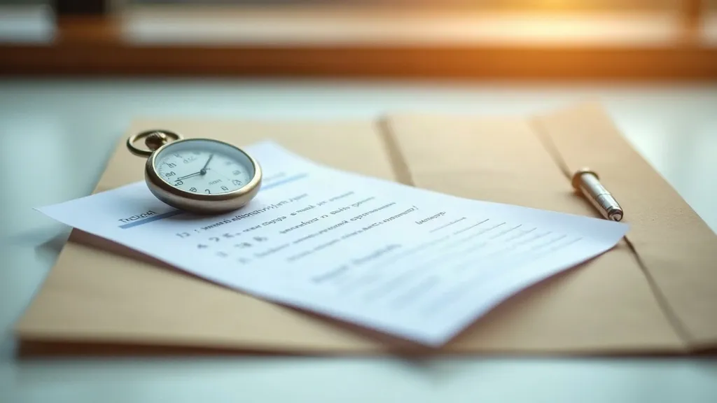 A close-up of a hospital case-file folder with a single printed questionnaire resting on top and a metal stopwatch beside it on a pale desk, in warm morning light.
