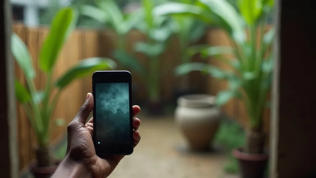 A close-up documentary photograph of an older person's weathered hand holding a simple mobile phone mid-call, screen glowing, against a soft-focus monsoon-green rural courtyard in South Asia, no face visible.