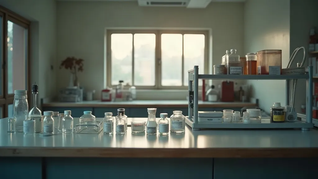 A wide view of a small research laboratory bench at daybreak, with racks of labelled specimen containers, histology cassettes and a microscope lit by soft window light.