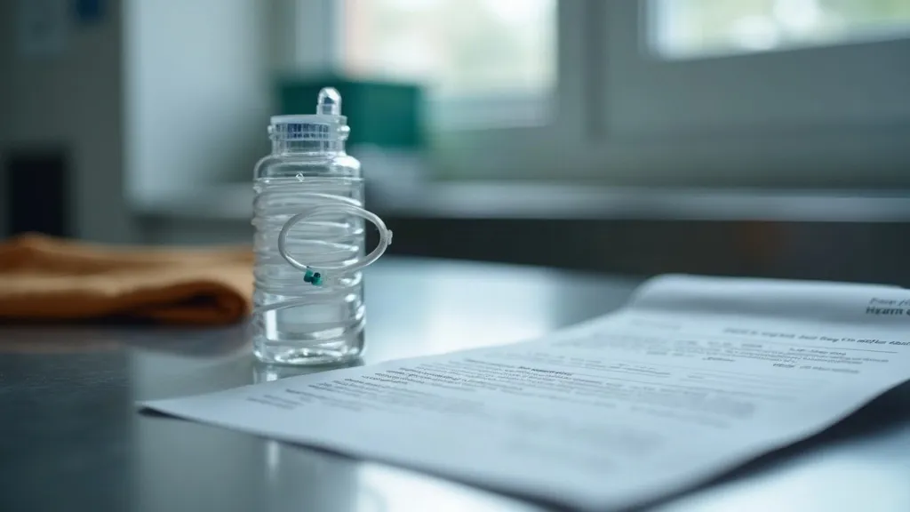 A macro photograph of a clear haemodialysis filter and coiled tubing on a stainless-steel counter, with a printed death-certificate sheet lying slightly out of focus beside it in cool clinical light, no people visible.