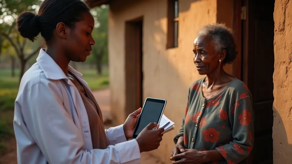A field researcher with a tablet interviewing a family at the doorway of a rural home, illustrating verbal autopsy data collection.