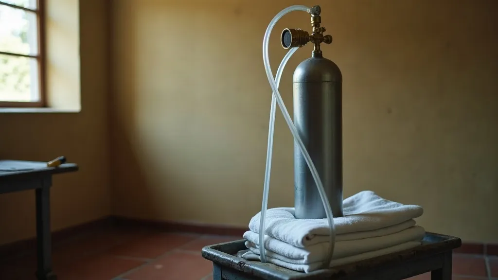 A steel medical oxygen cylinder with a brass flow regulator and coiled clear tubing on a trolley in a quiet rural hospital ward corner, lit by soft window light.