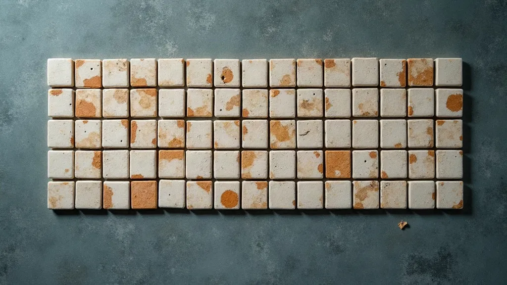 An abstract overhead arrangement of pale stone tiles in a neat grid, with a scattered minority inlaid in terracotta and marked with a shallow dot, evoking a population record in which only some cases carry a verified mark.