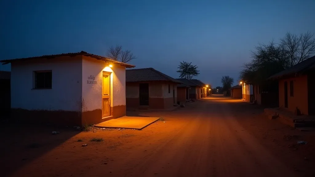 A wide dusk view of a small rural health post in West Africa, its single lit doorway opening onto a red-earth path that curves away toward low houses, no people visible.