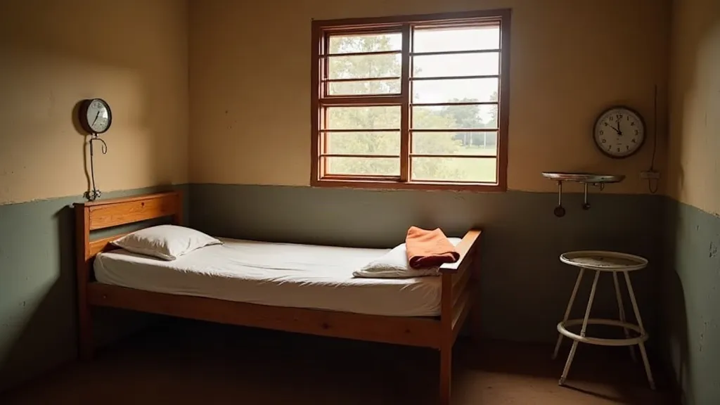 A maternity ward doorway in a rural Tanzanian health centre at soft morning light, an empty wooden bench and a folded cotton sheet on a clean floor, no people visible.