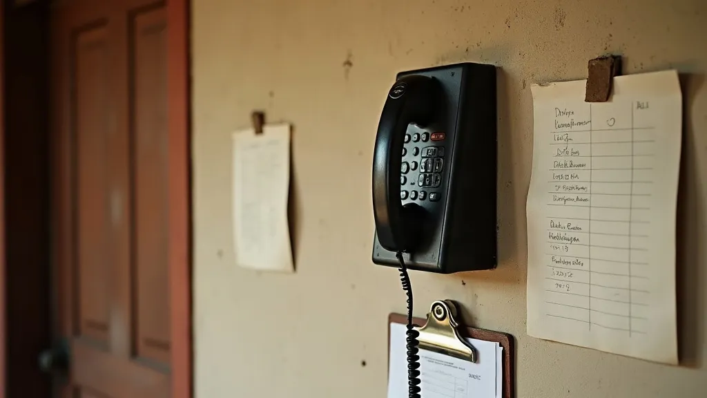A close-up documentary photograph of a black wall-mounted telephone handset on a bare concrete health-post wall, with a clipboard of ruled forms hanging on a nail beneath it, soft morning light.