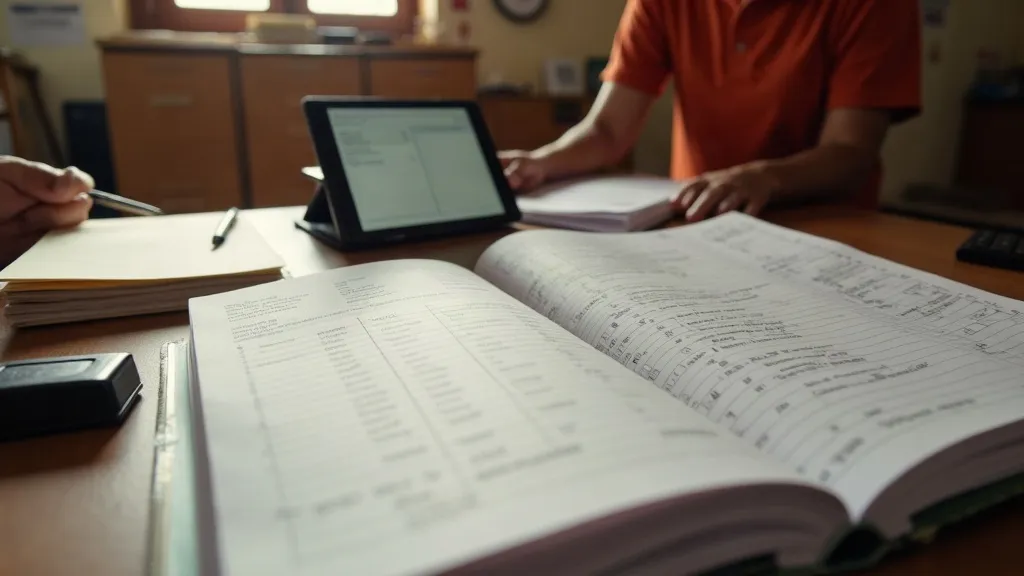 A district civil-registration office counter with a stack of paper death-notification forms, a tablet showing an abstract data-entry layout and an open registry ledger in warm morning light.